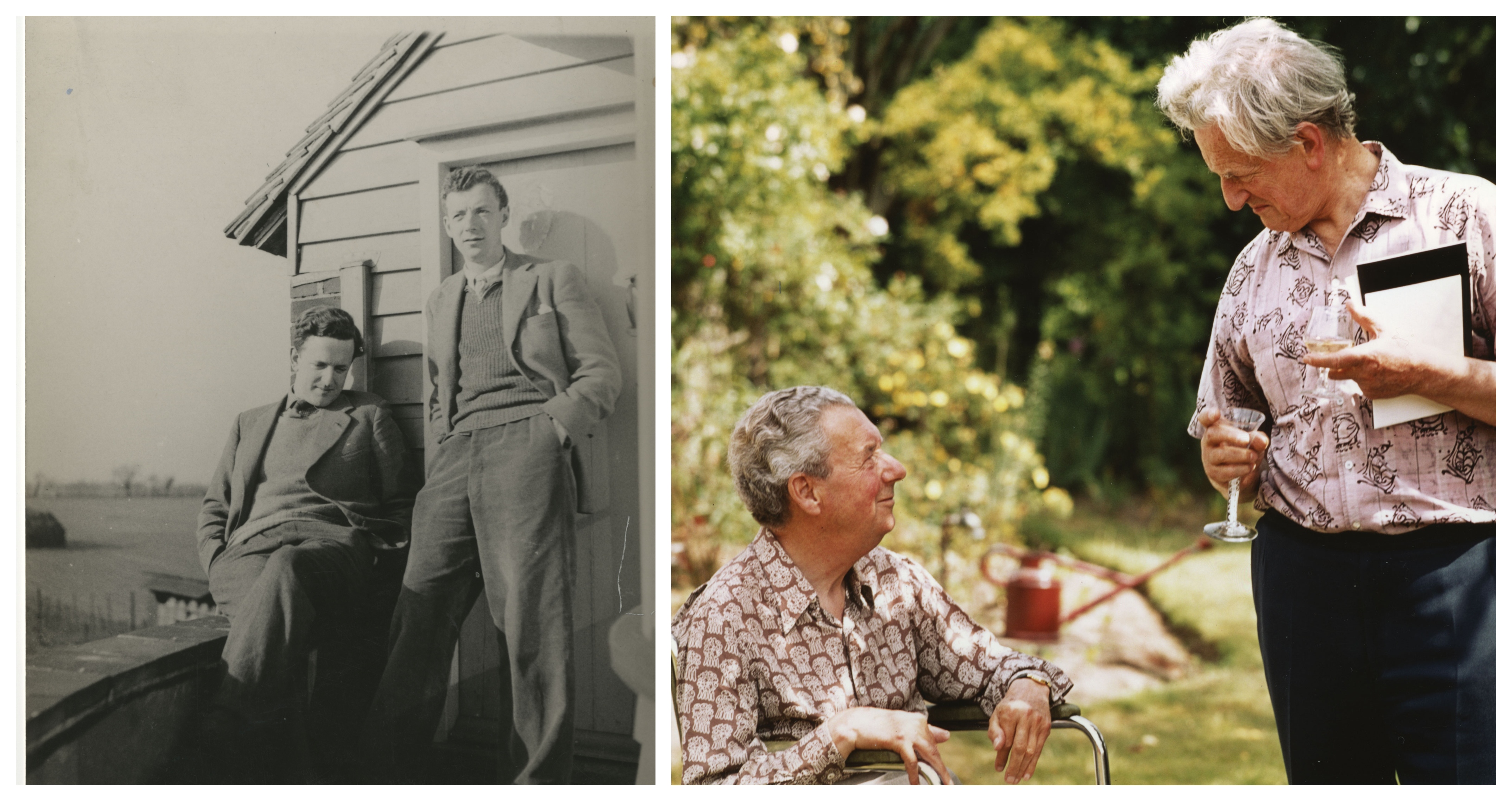 Two photographs. Black and white image of two young men leaning against a shed. Coloured image of two older men in a garden.