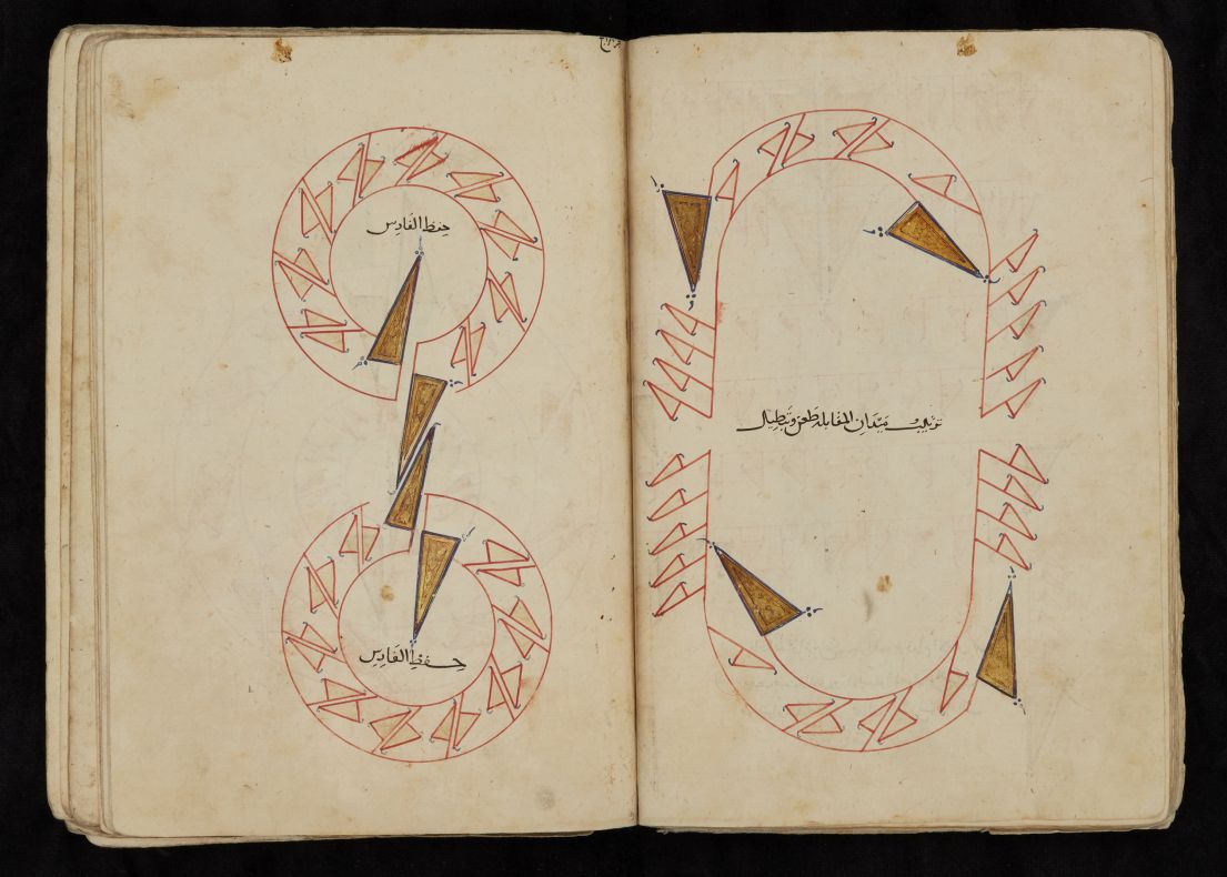 Open book showing illustrations on both pages of triangles in different pattern formations.
